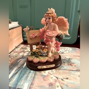 Vintage Statue of an Angel Painting (De Elina) on a Wooden Base